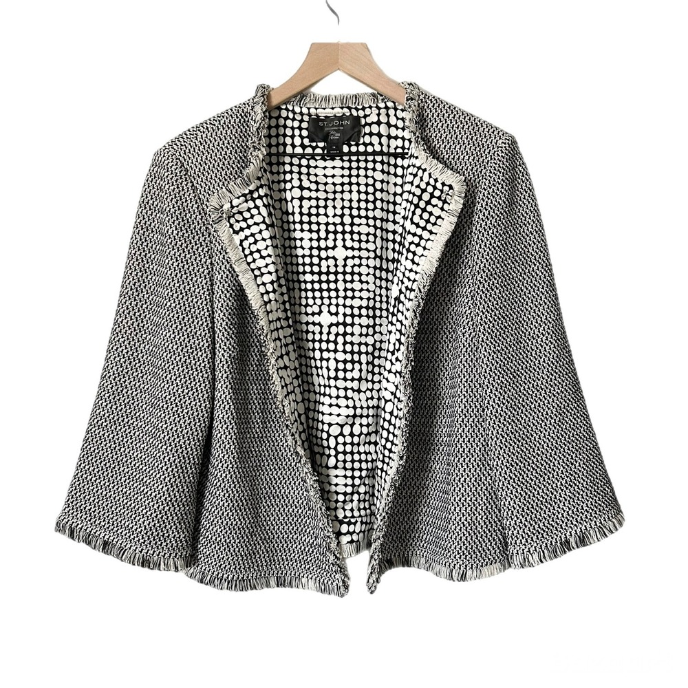 St. John Knit Jacket Wool Blend Black White Fringe Polka Dot Lining Size 14